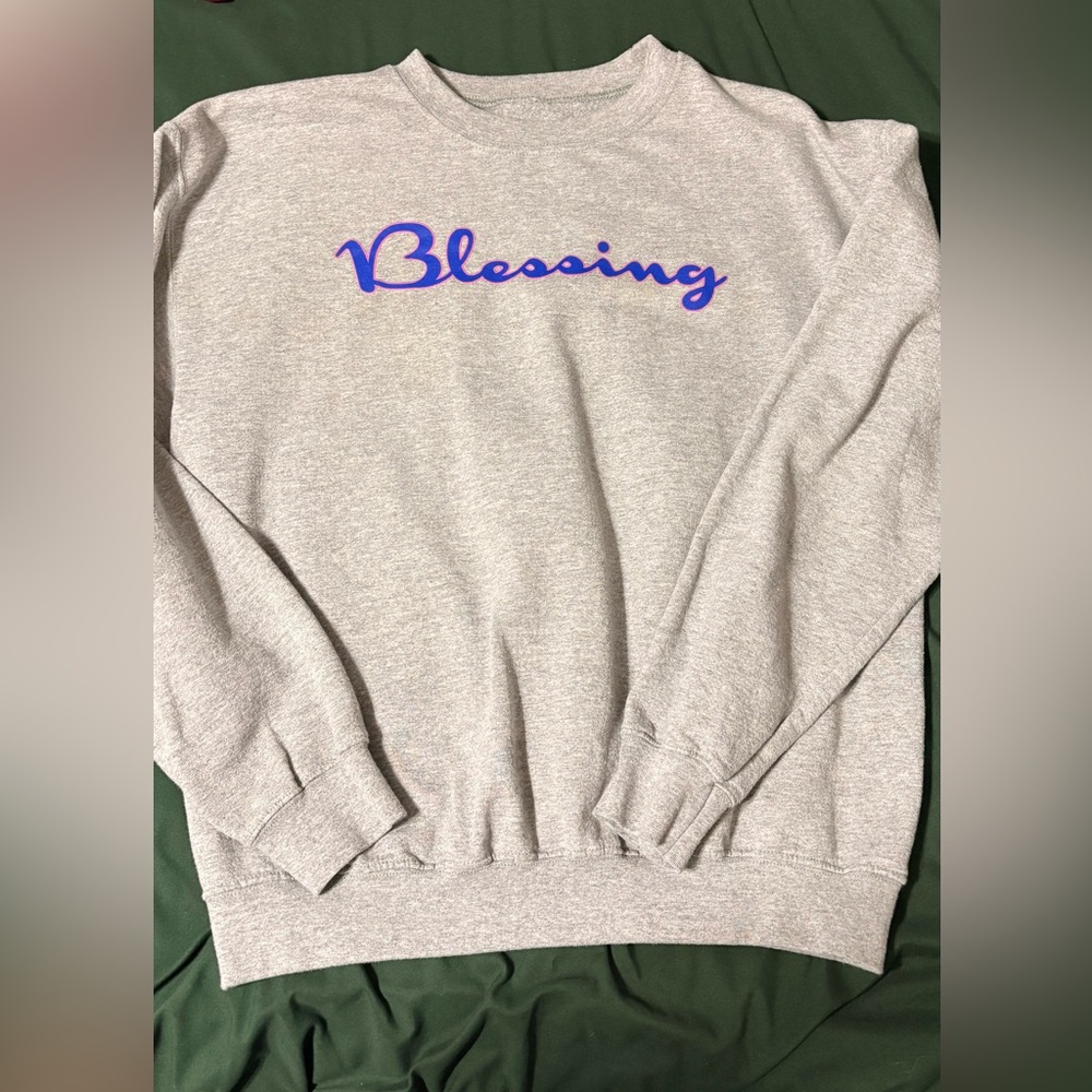 Fashion Nova 'Blessing' Crewneck Sweatshirt - Light Gray with Blue Script